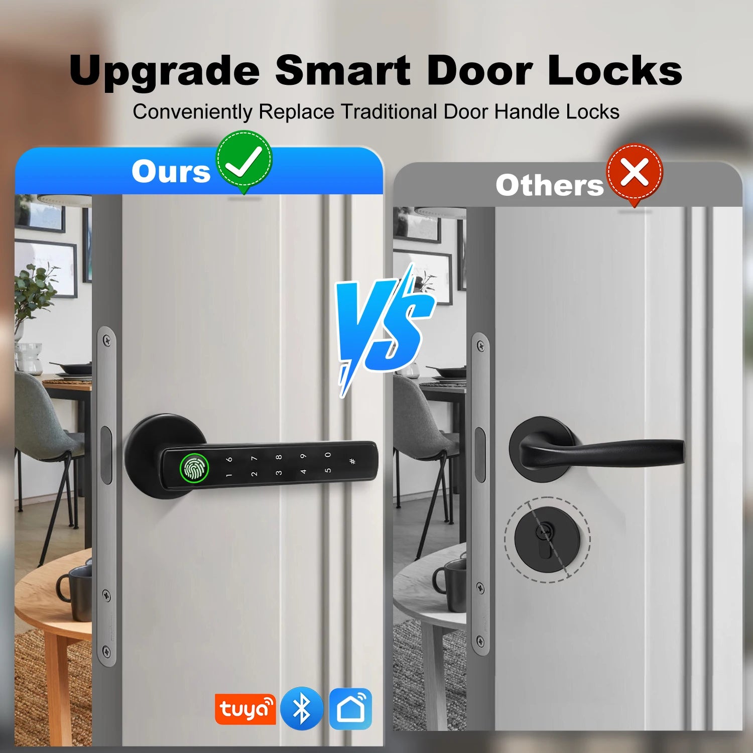 Black smart door lever lock with fingerprint scanner and digital keypad, compared to a standard keyed door handle.