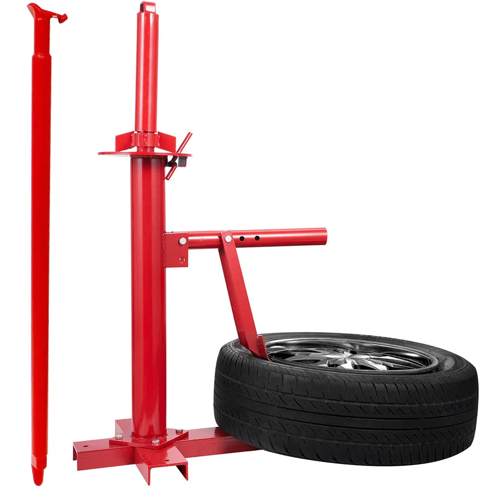 Red manual tire changer machine with base, vertical post, lever arm, and long demount bar next to a car tire.