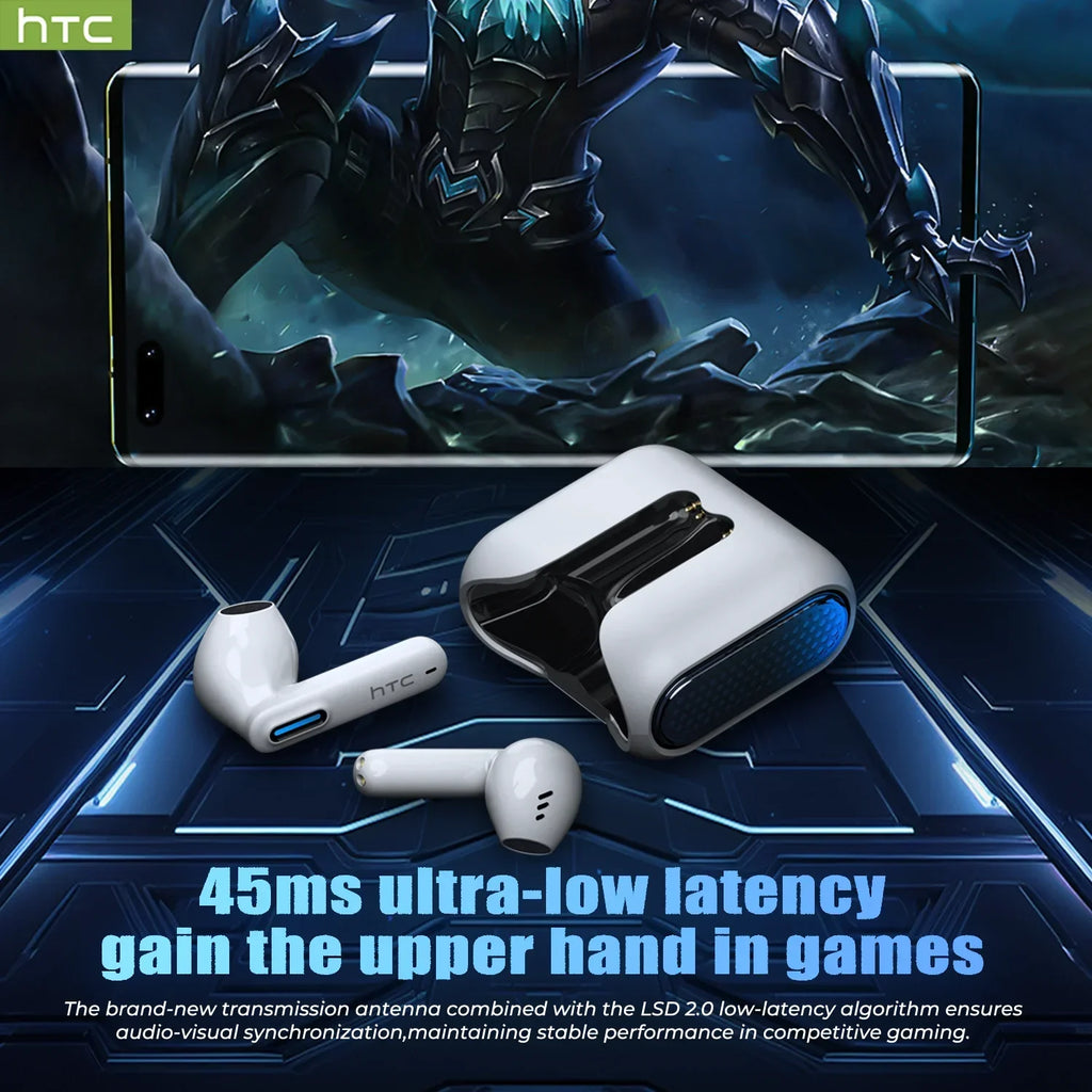 White wireless gaming earbuds with a matching white and black charging case against a digital blue background.