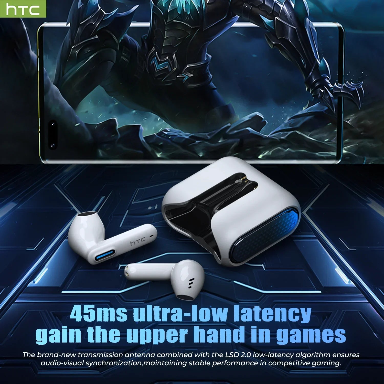 White wireless gaming earbuds with a matching white and black charging case against a digital blue background.