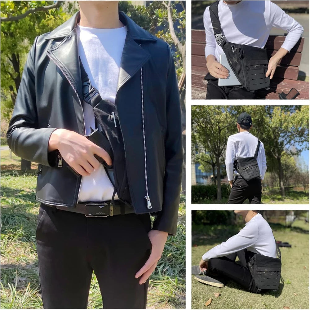 Black tactical outdoor crossbody sling bag with a secure strap and utility slots, worn over a white shirt and jacket.