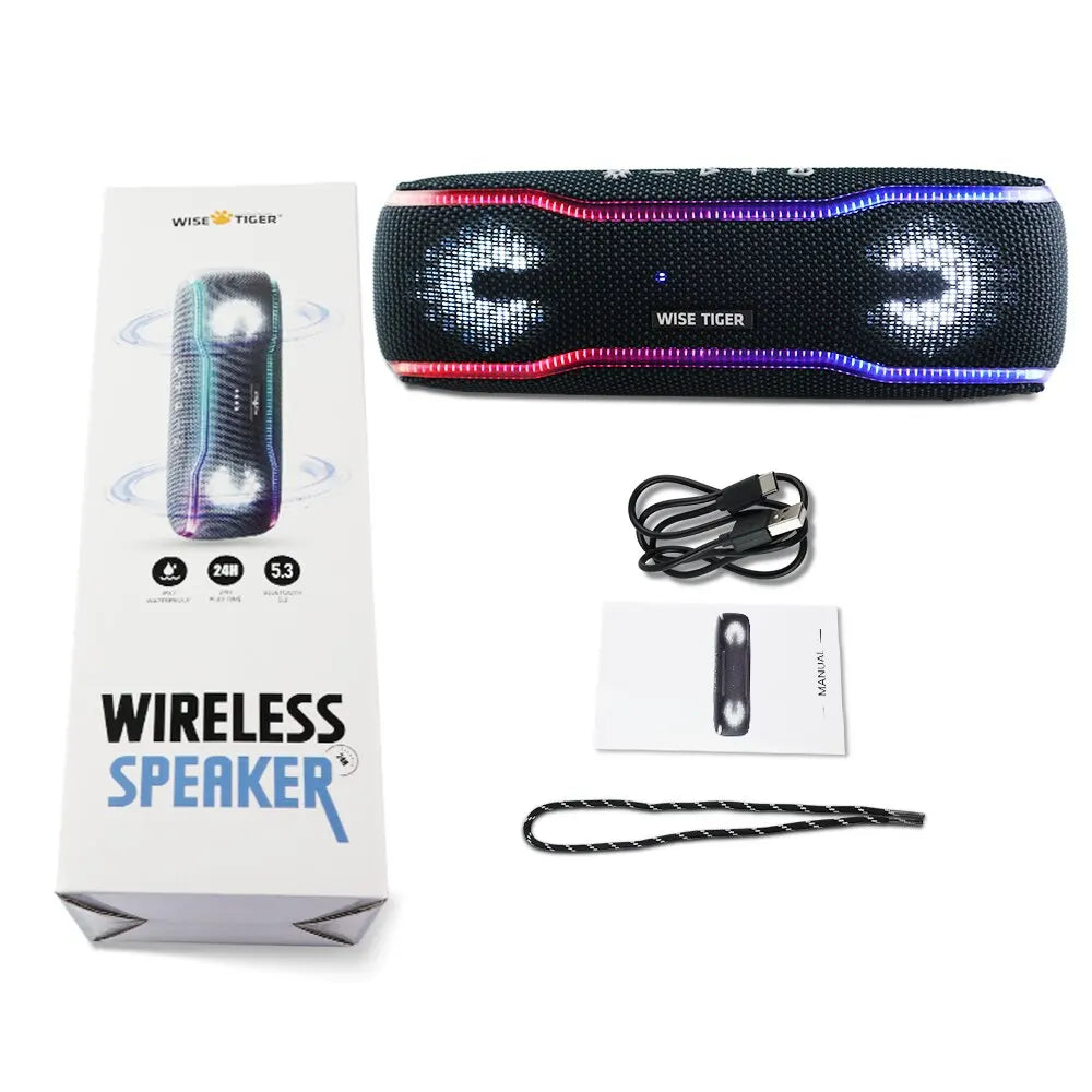 Black portable waterproof Bluetooth speaker with colourful LED lights, shown with its packaging, cable, and lanyard.