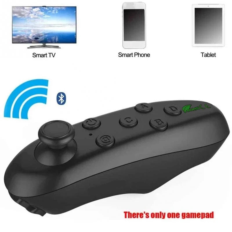 Black wireless Bluetooth VR remote controller with a joystick and multiple control buttons for use with smart devices.
