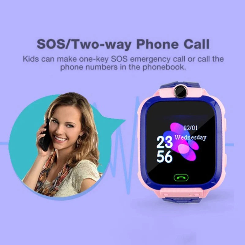 Pink and blue kids' smartwatch with a digital display, camera, and SOS calling feature on a purple background.