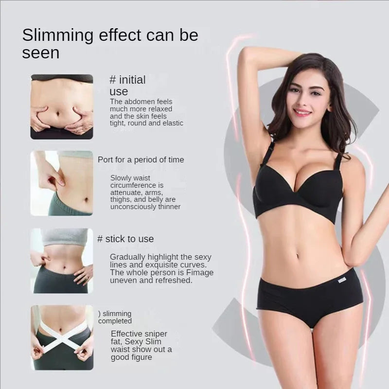 Woman wearing black undergarments, posing beside panels illustrating waist slimming progress over time.