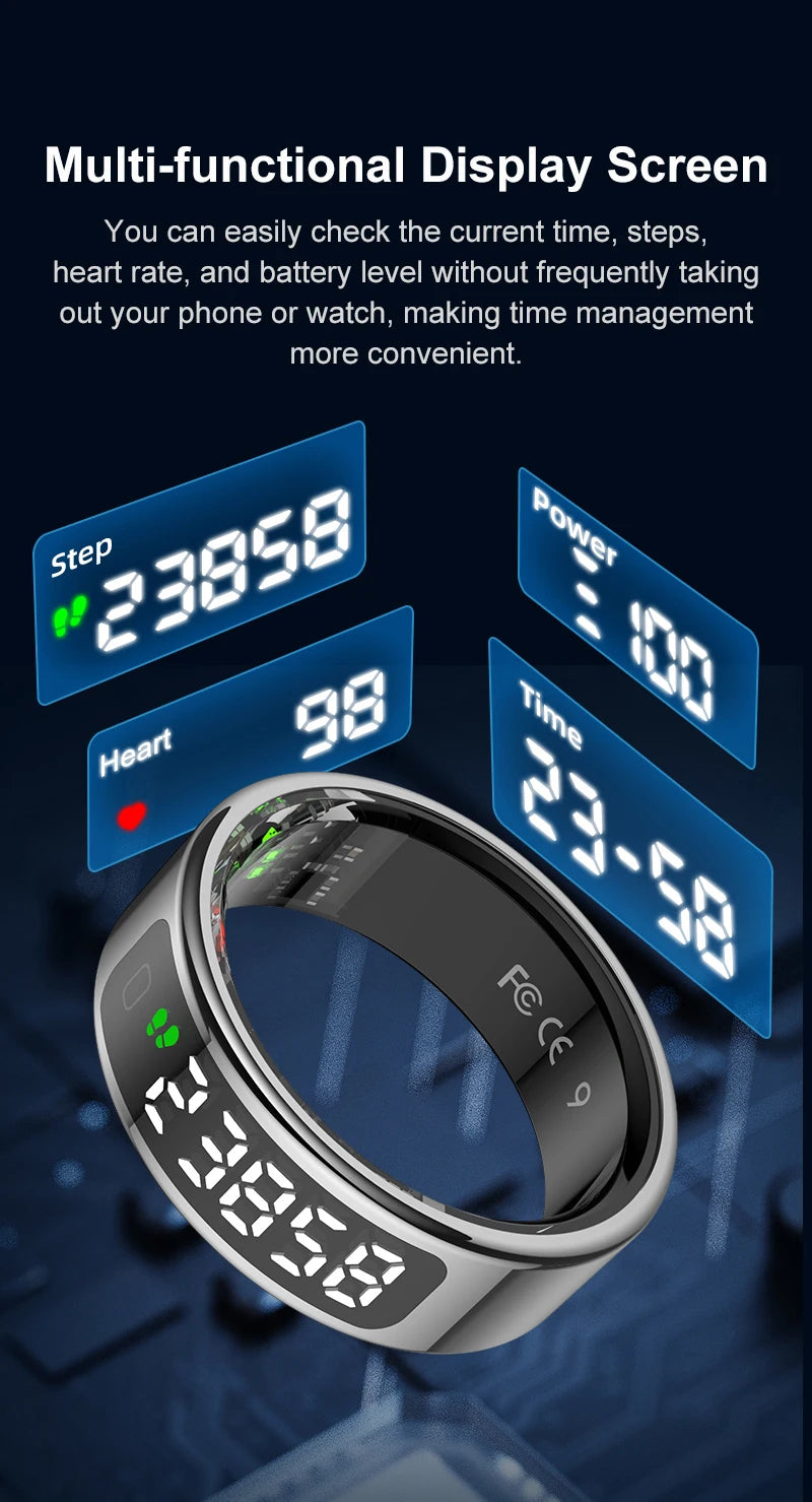 Silver smart fitness ring with a sleek touchscreen display showing steps, heart rate, battery life, and time.