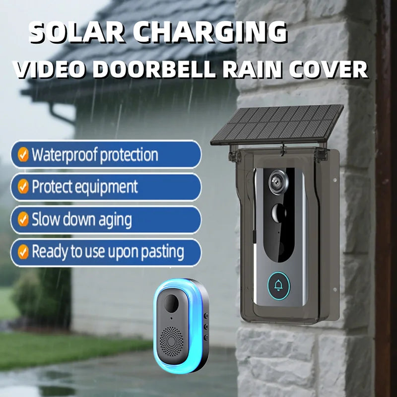 Smart video doorbell in a protective rain cover with solar panel, featuring a wireless indoor chime with blue LED light.