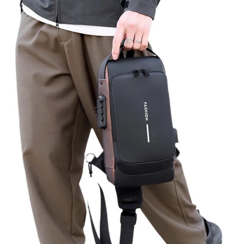 Black and brown anti-theft crossbody chest bag featuring a built-in password lock and side USB charging port.