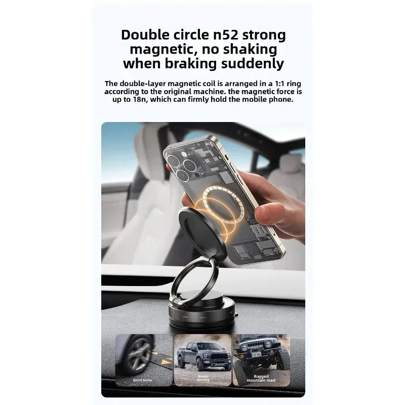 Black magnetic car phone mount with a sturdy circular ring base, designed for secure, shake-free attachment.