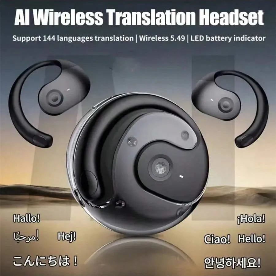 Black wireless AI translation headset with ear hooks and a round charging case, displayed against a gold background.