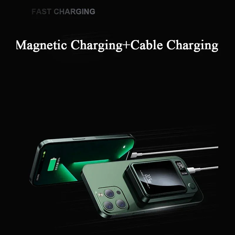 Sleek olive green magnetic wireless power bank with a digital battery display, charging a smartphone via cable.