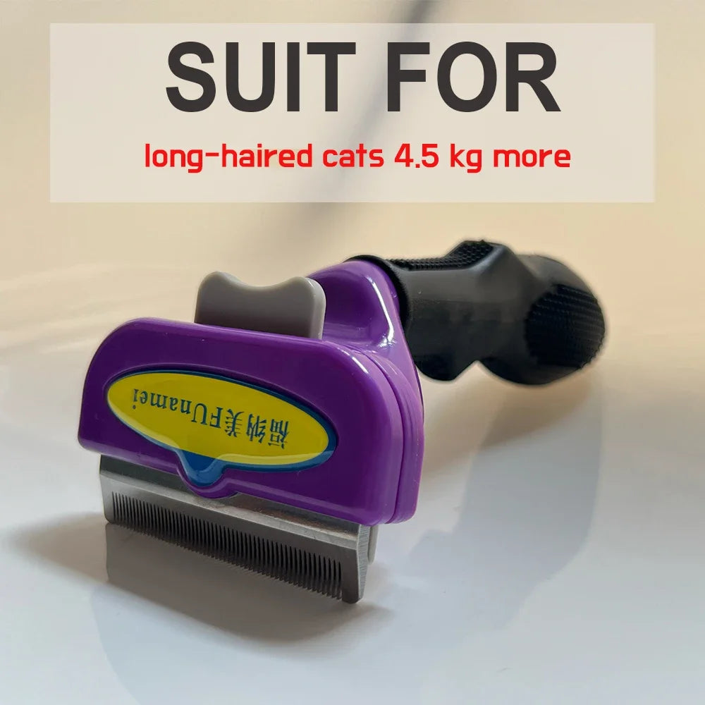Purple and black pet deshedding tool with a metal comb for long-haired cats over 4.5kg.