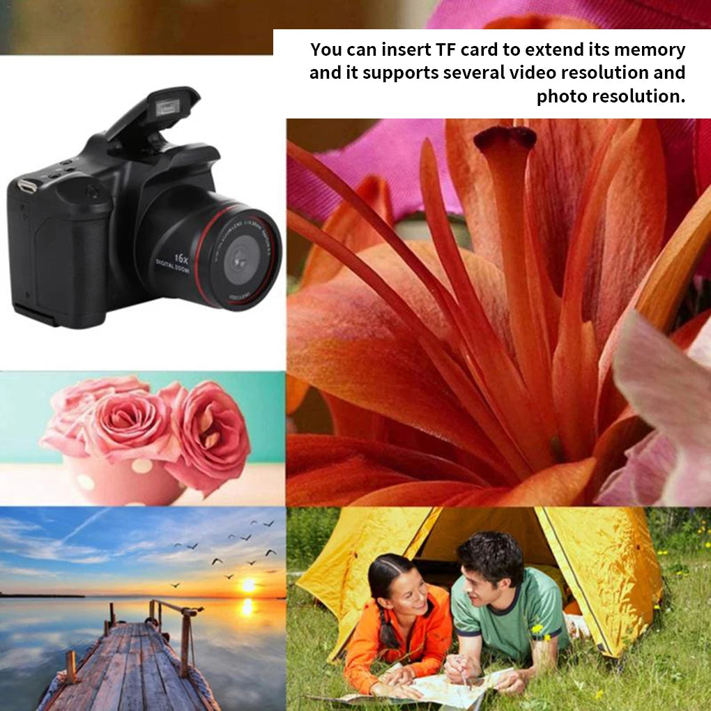 Black plastic digital camera with a pop-up flash and zoom lens, shown alongside sample photos of flowers and nature.