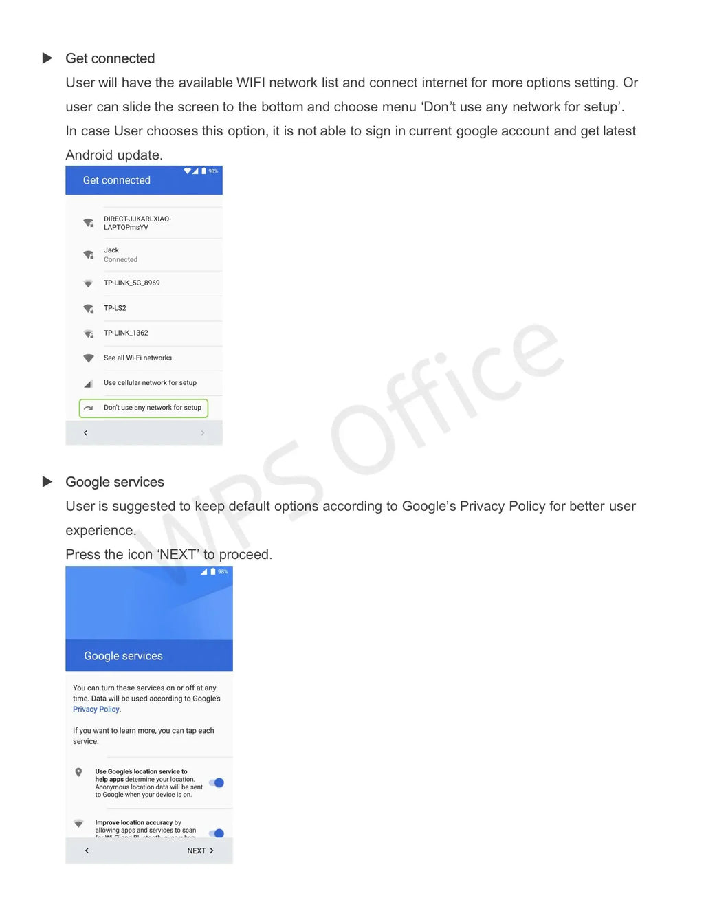 Android setup guide showing Wi-Fi connection options and Google services preferences on a smartphone screen.