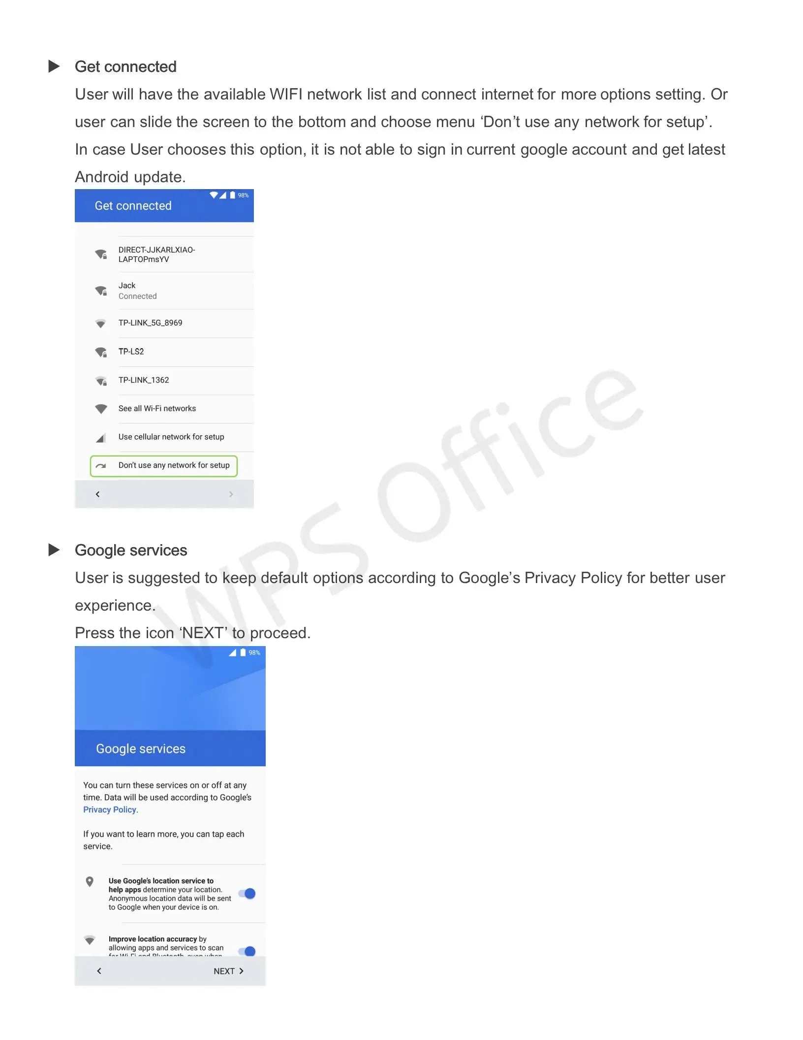 Android setup guide showing Wi-Fi connection options and Google services preferences on a smartphone screen.