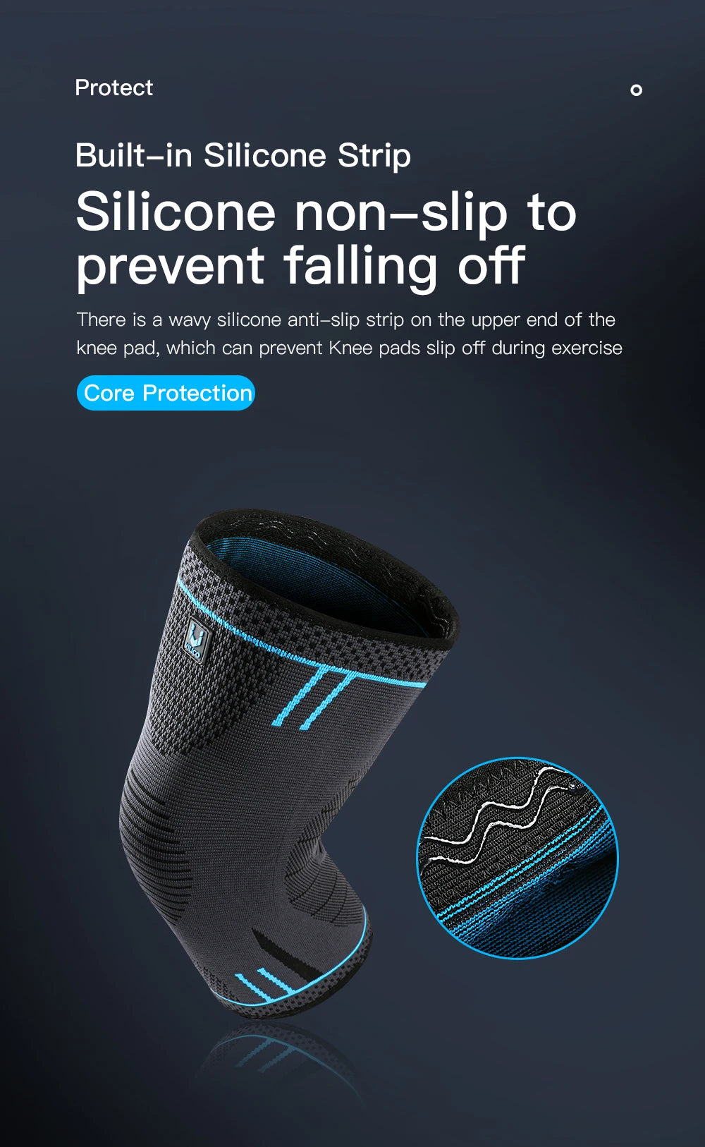 Grey and black sports knee sleeve with blue detailing and a close-up of the internal anti-slip silicone wave strip.