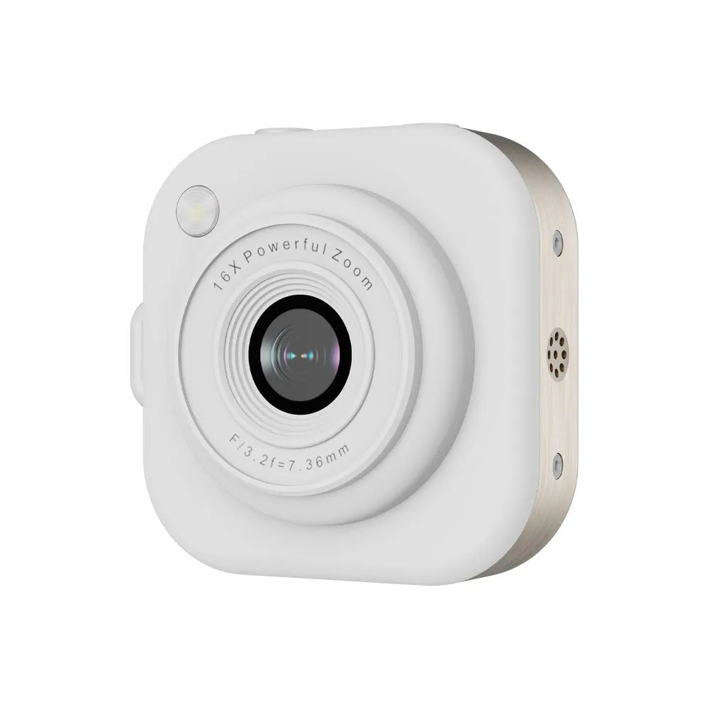 White digital camera with a matte finish, central lens, built-in flash, and speaker on the side.