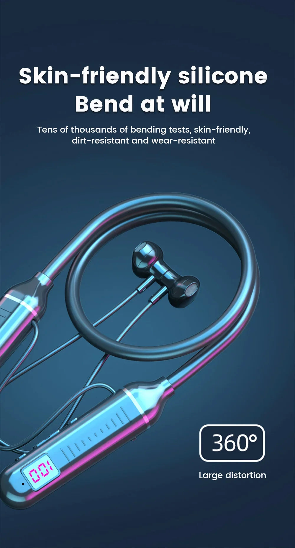Flexible blue metallic neckband earphones featuring an integrated LED display and silicone design.