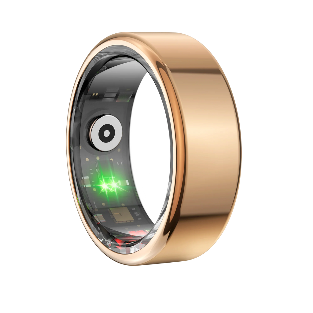 A sleek rose gold smart health tracking ring, showing the internal sensors and green indicator light on a black background.