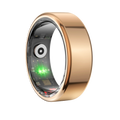 A sleek rose gold smart health tracking ring, showing the internal sensors and green indicator light on a black background.