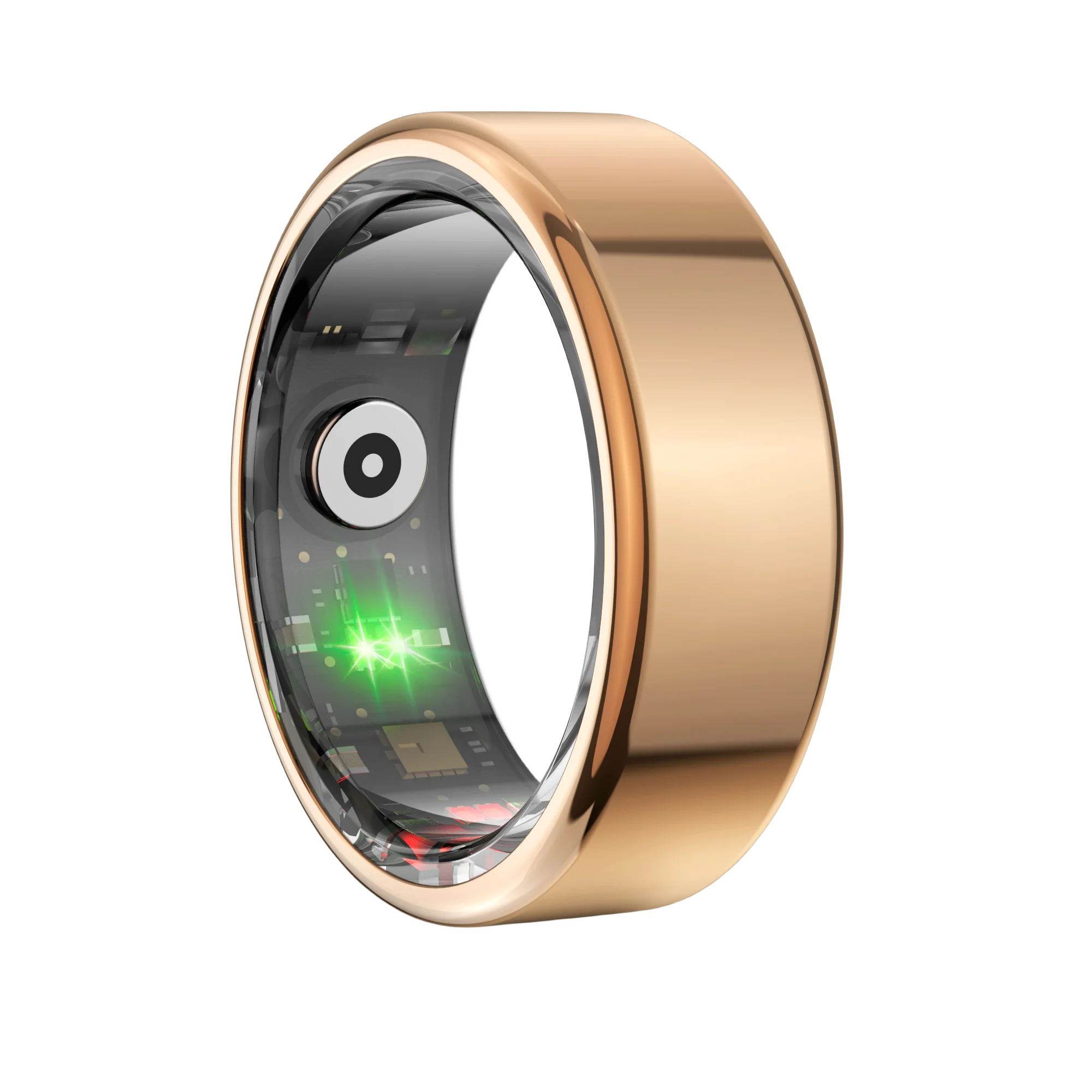 A sleek rose gold smart health tracking ring, showing the internal sensors and green indicator light on a black background.