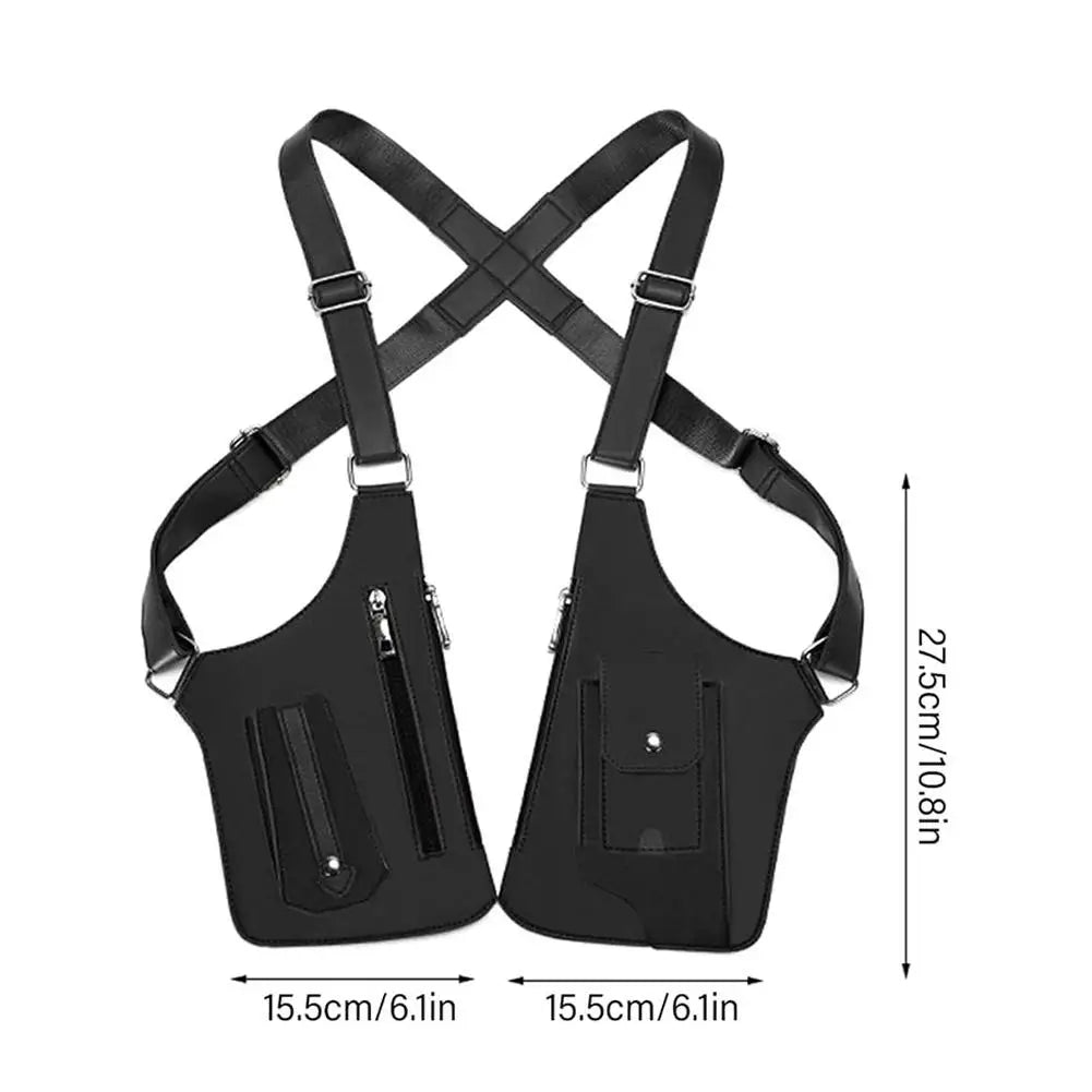 Black tactical chest harness bag with twin zipped pouches and adjustable shoulder straps. Secure, slim-profile design.
