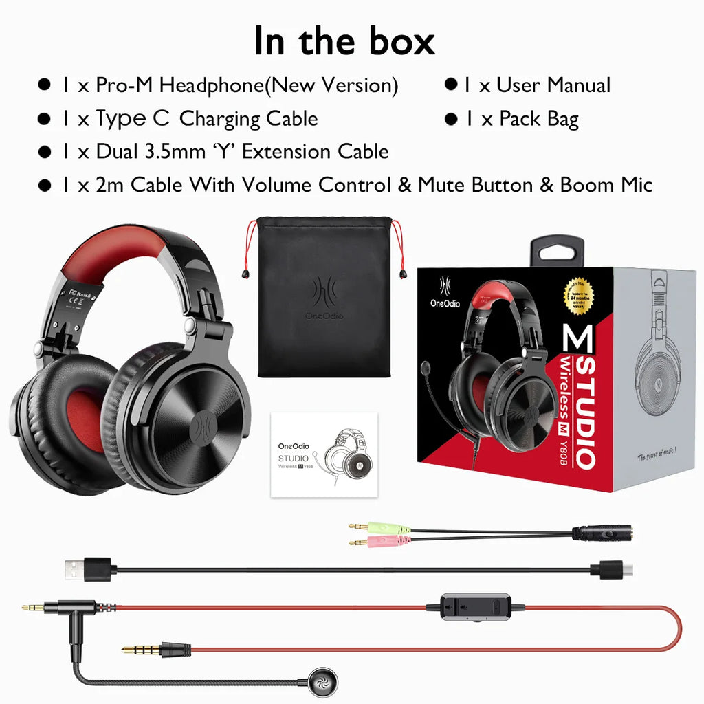 Black and red 2-in-1 wireless/wired gaming headphones with a boom mic, carry bag, cables, and packaging box.