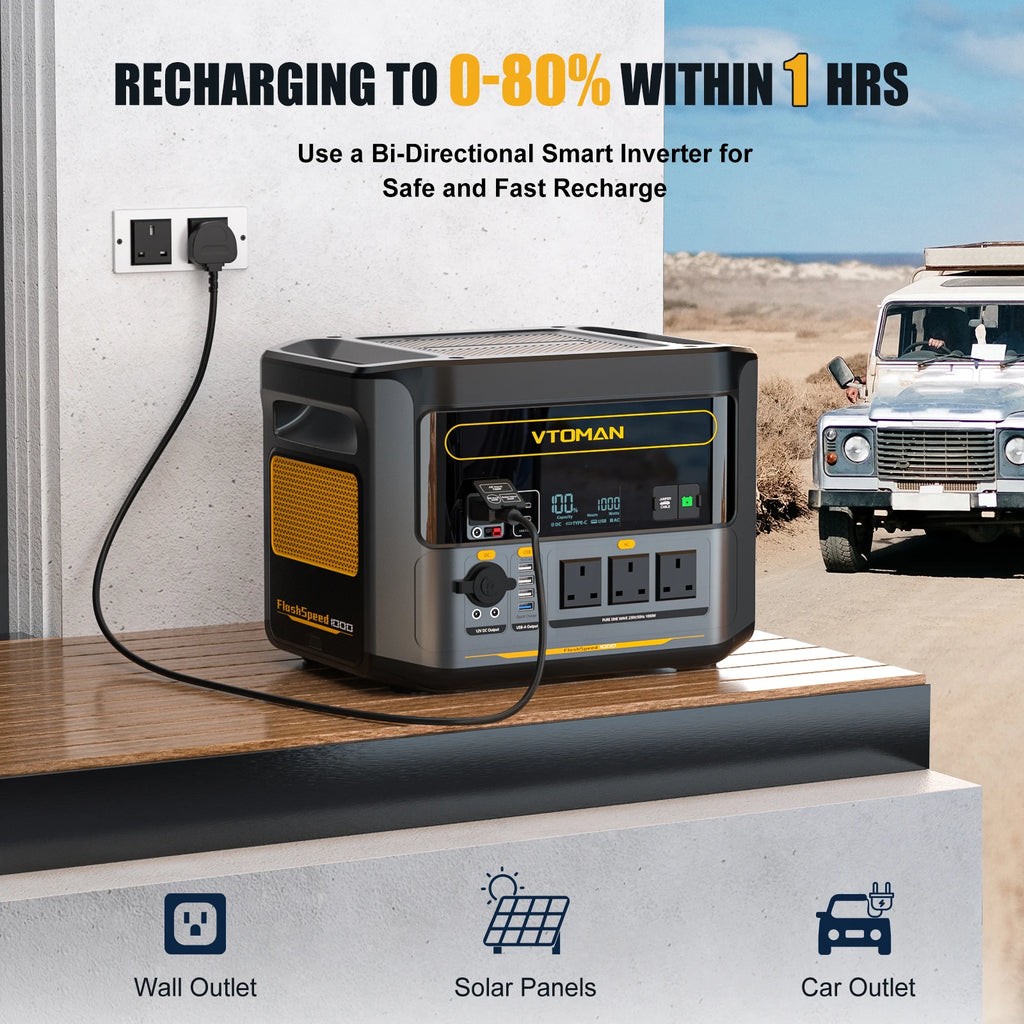 VTOMAN portable power station charging via a wall outlet on a wooden table outdoors.