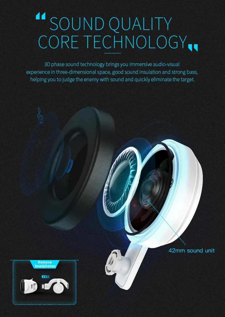 Exploded view of a white VR headset's detachable 42mm audio unit with black cushioned earpads.
