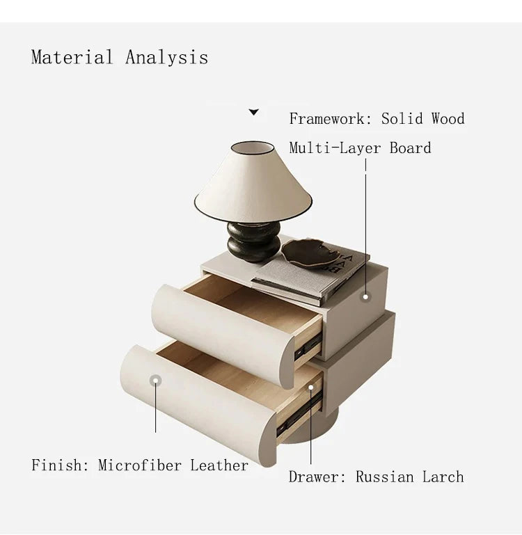 Modern, cream-coloured floating bedside table with two drawers, featuring a smooth microfiber leather finish.