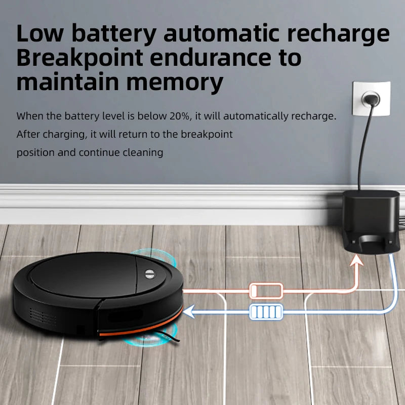 A black robot vacuum returns to its charging dock on a wood floor, demonstrating automatic low battery recharge.