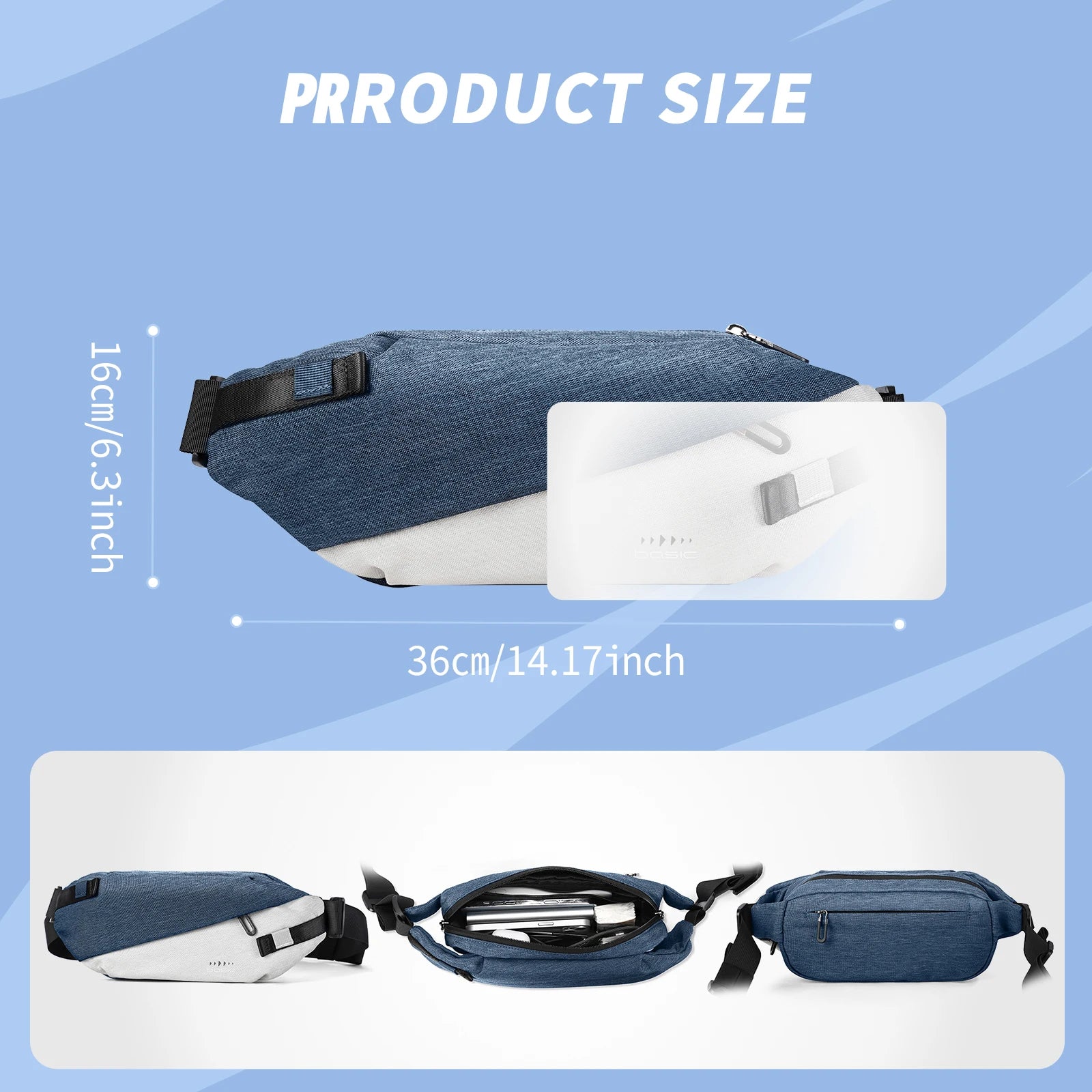 Blue and white anti-theft crossbody sling bag, 36cm wide, featuring secure zipped compartments and adjustable strap.