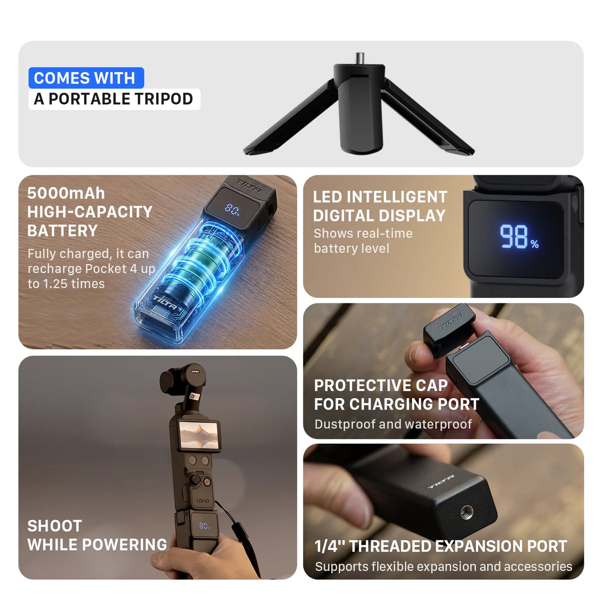 Product features of Tilta charging base for Osmo Pocket, showing tripod, battery, digital display, and port.