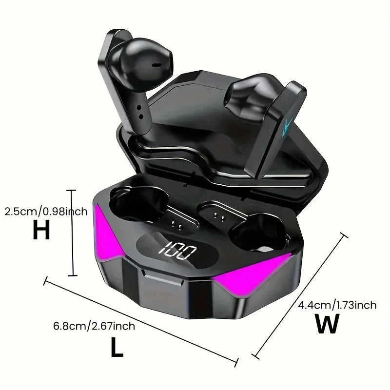 Black wireless earbuds in a hexagonal charging case with pink LED accents and a digital battery display.