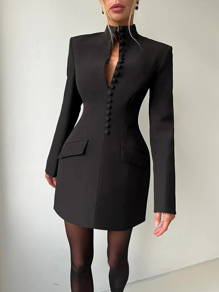 Black bodycon suit dress featuring a stand collar, long sleeves, and a single-breasted button placket.