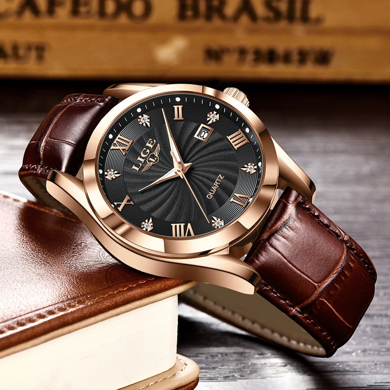 Elegant women's quartz watch featuring a rose-gold case, black textured dial with crystal markers, and brown strap.