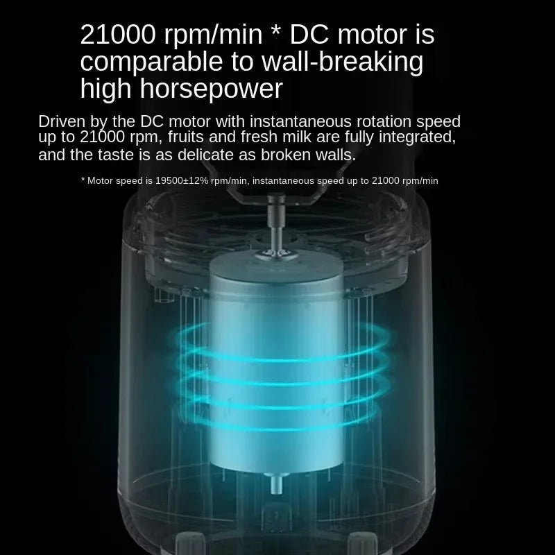Cross-section of a blender showing a bright blue, high-speed DC motor inside a transparent container on a black background.