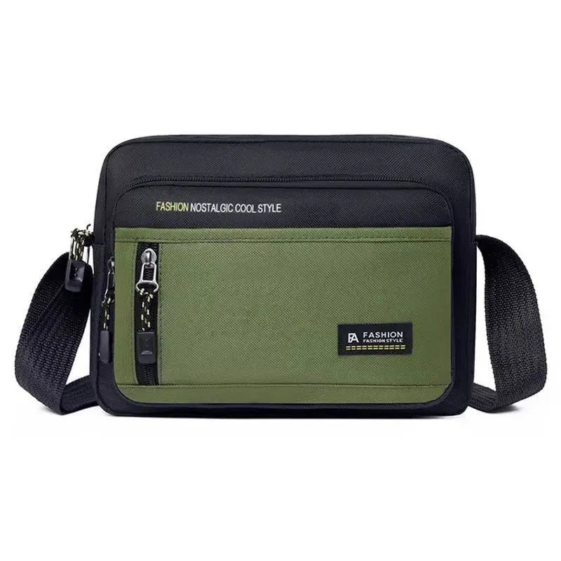 Black and olive green men's crossbody bag with an adjustable shoulder strap and secure zip-up front pockets.