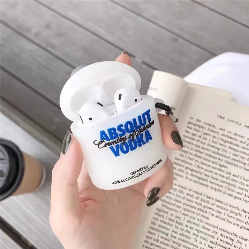 White silicone AirPods case featuring an Absolut Vodka logo print, designed for standard AirPods.