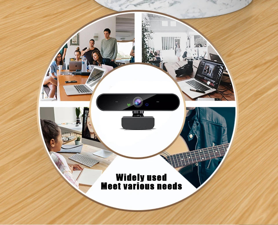Sleek black 4K USB webcam with autofocus and built-in microphone, shown in various professional and home office settings.