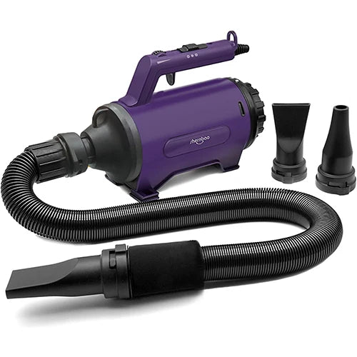 Professional purple pet hair dryer with a flexible hose and two interchangeable black styling nozzles.