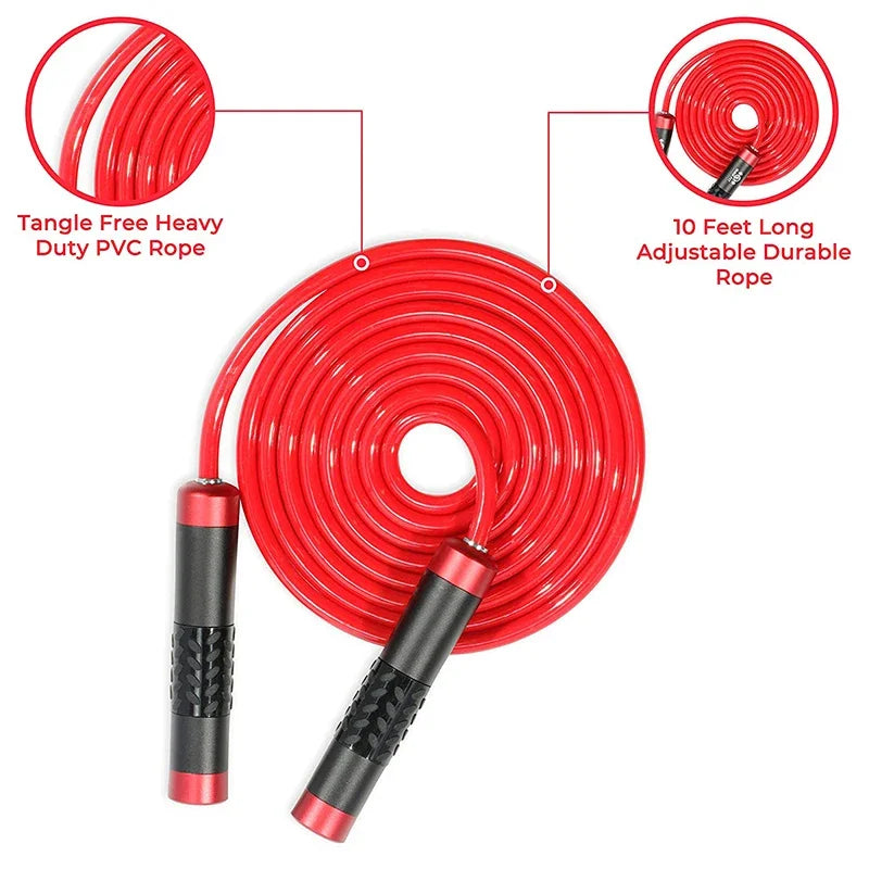 Coiled red jump rope with black and red handles, featuring inset callouts highlighting PVC rope material.