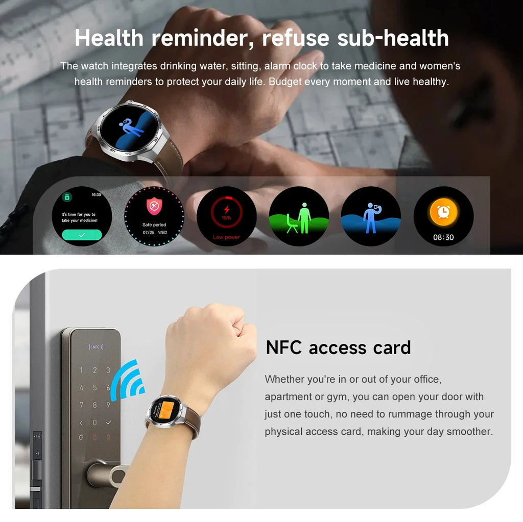 Silver smartwatch with a brown strap displaying health tracking icons and NFC contactless door access.