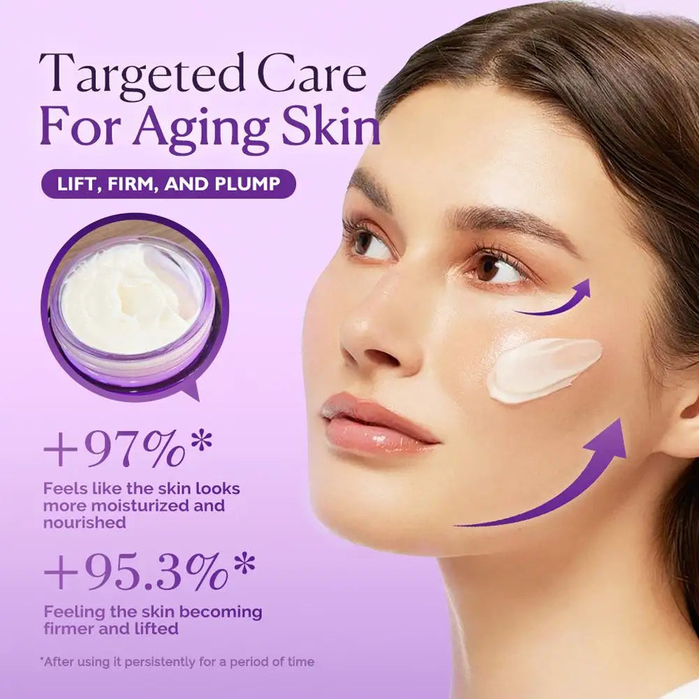Anti-aging face cream in a purple jar with a model showing lifted, firm, and moisturized skin.