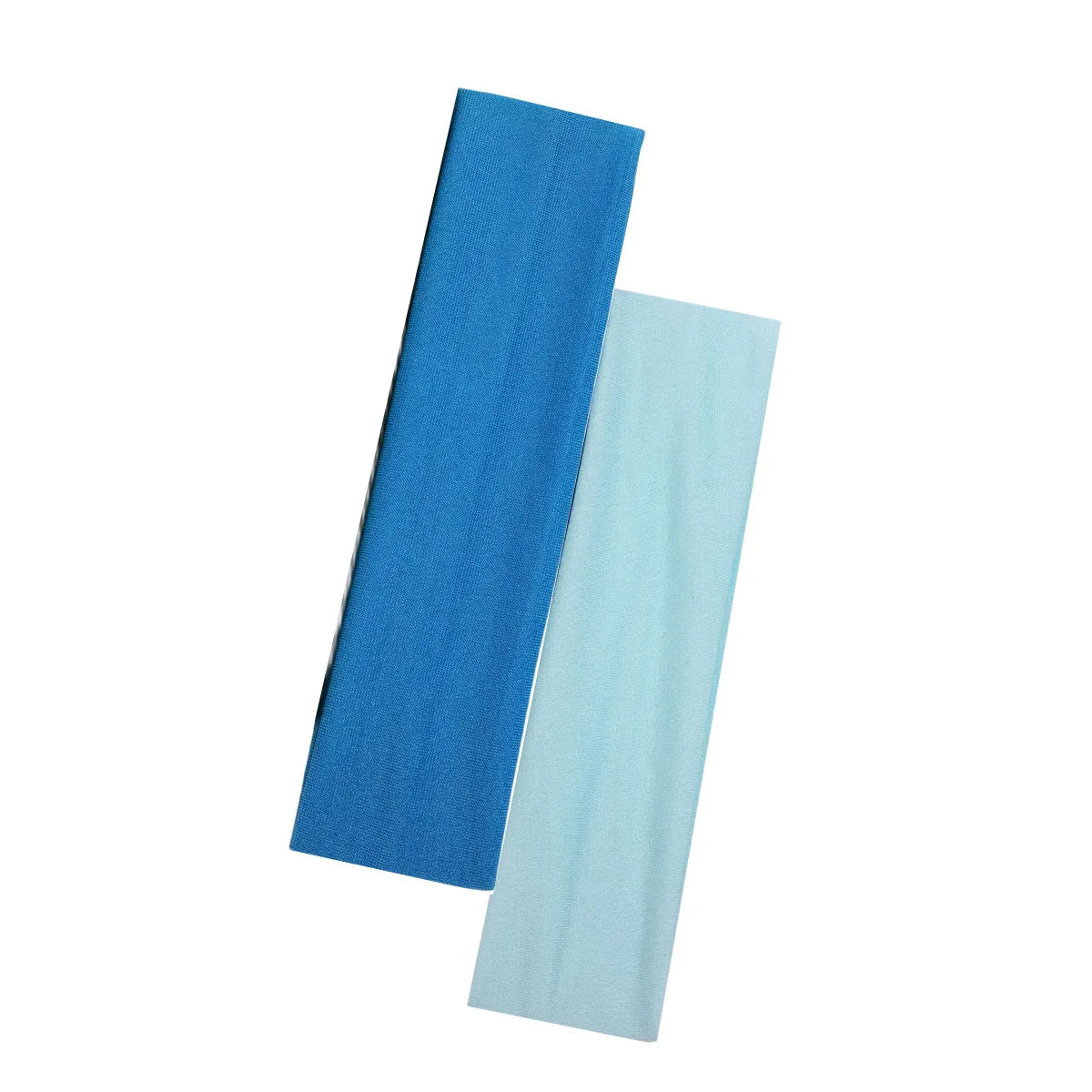 Two rectangular sports headbands in shades of vibrant blue and light sky blue, isolated on a white background.