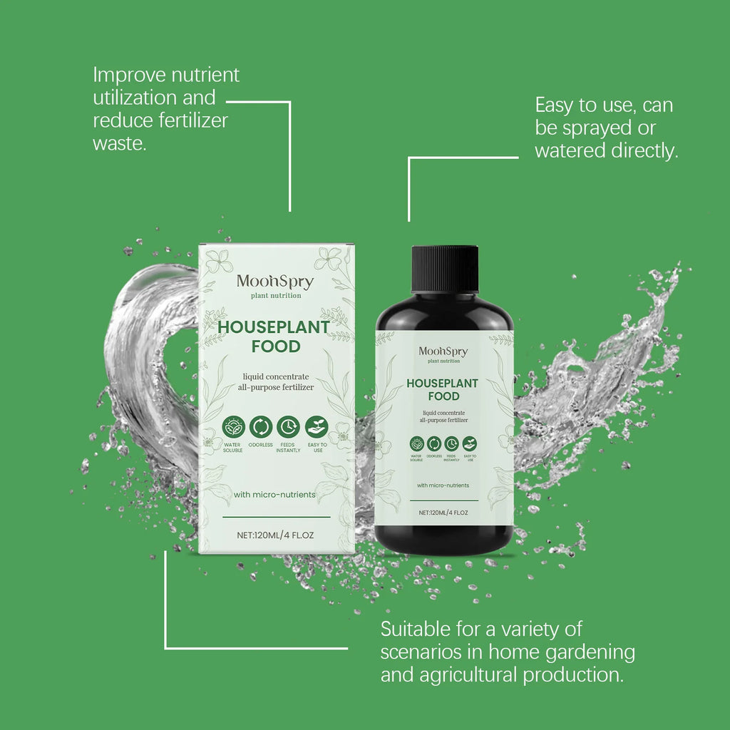 All-purpose liquid houseplant fertilizer in a 120ml bottle and box, featuring a splash of water and clear benefits.
