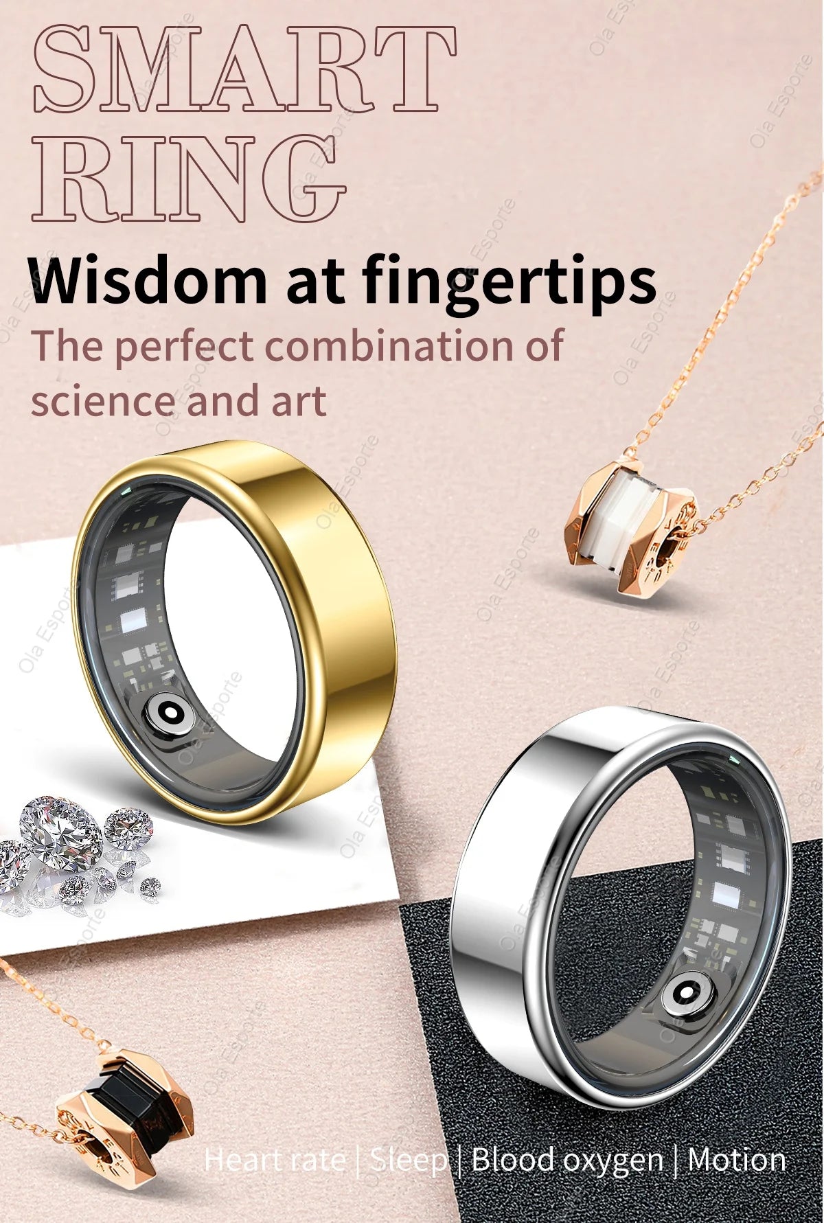 Gold and silver smart health rings featuring interior biosensors for monitoring heart rate, sleep, oxygen and activity.