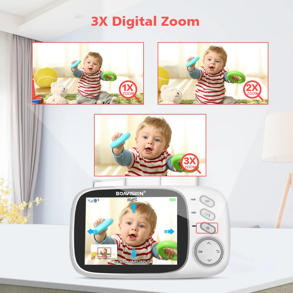An image demonstrating 3x digital zoom on a white baby monitor displaying a baby playing with toys.