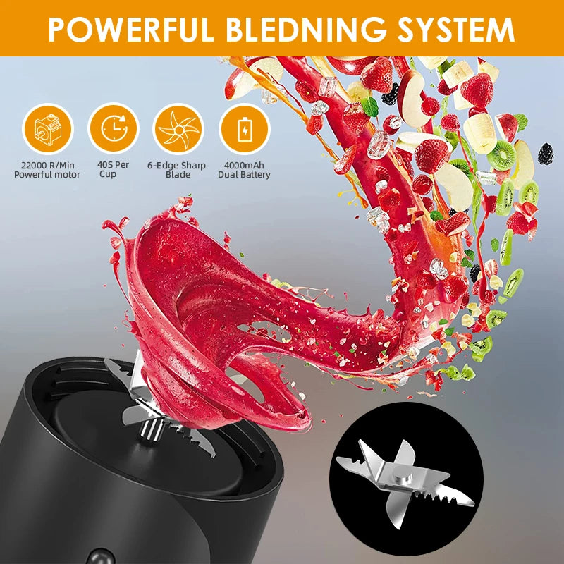 Black portable blender base with a 6-edge steel blade, blending red fruit smoothies with technical performance icons.