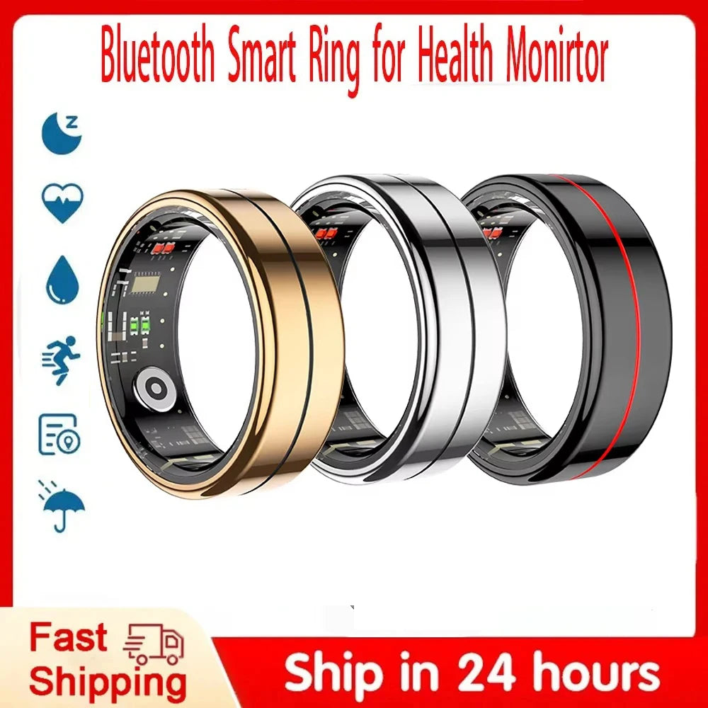 Three smart fitness tracking rings in gold, silver, and black, displaying interior sensors and sleek, metallic bands.